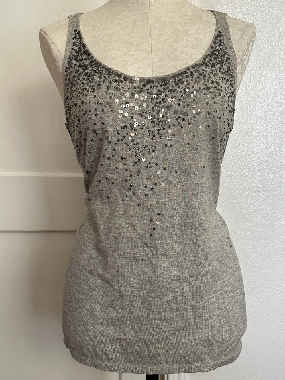 EILEEN FISHER Gray Sequin Tank Top Organic Cotton Cashmere Size M - Picture 2 of 9